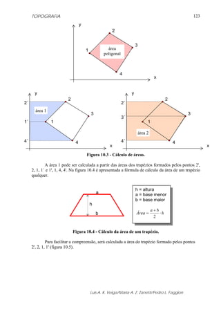 TOPOGRAFIA
Luis A. K. Veiga/Maria A. Z. Zanetti/Pedro L. Faggion
123
Figura 10.3 - Cálculo de áreas.
A área 1 pode ser calculada a partir das áreas dos trapézios formados pelos pontos 2',
2, 1, 1´ e 1', 1, 4, 4'. Na figura 10.4 é apresentada a fórmula de cálculo da área de um trapézio
qualquer.
Figura 10.4 - Cálculo da área de um trapézio.
Para facilitar a compreensão, será calculada a área do trapézio formado pelos pontos
2', 2, 1, 1' (figura 10.5).
1
2
3
4
x
y
área
poligonal
1
2
3
4
x
y
área 1
4´
1´
2´
1
2
3
4
x
y
área 2
4´
3´
2´
a
b
h
h = altura
a = base menor
b = base maior
h
ba
Área ⋅
+
=
2
 