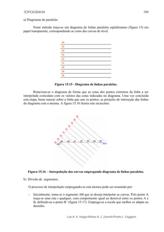TOPOGRAFIA
Luis A. K. Veiga/Maria A. Z. Zanetti/Pedro L. Faggion
184
a) Diagramas de paralelas
Neste método traça-se um diagrama de linhas paralelas eqüidistantes (figura 15) em
papel transparente, correspondendo as cotas das curvas de nível.
Figura 15.15 - Diagrama de linhas paralelas.
Rotaciona-se o diagrama de forma que as cotas dos pontos extremos da linha a ser
interpolada coincidam com os valores das cotas indicadas no diagrama. Uma vez concluída
esta etapa, basta marcar sobre a linha que une os pontos, as posições de interseção das linhas
do diagrama com a mesma. A figura 15.16 ilustra este raciocínio.
Figura 15.16 - Interpolação das curvas empregando diagrama de linhas paralelas.
b) Divisão de segmentos.
O processo de interpolação empregando-se esta técnica pode ser resumido por:
- Inicialmente, toma-se o segmento AB que se deseja interpolar as curvas. Pelo ponto A
traça-se uma reta r qualquer, com comprimento igual ao desnível entre os pontos A e
B, definido-se o ponto B´ (figura 15.17). Emprega-se a escala que melhor se adapte ao
desenho.
48
49
50
51
52
53
54
55
56
 