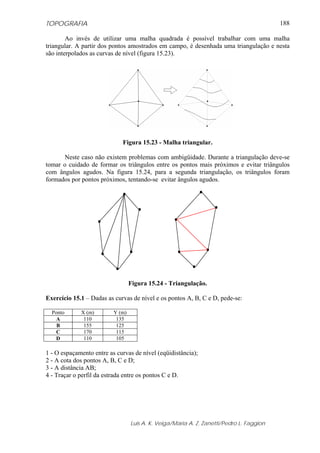 TOPOGRAFIA
Luis A. K. Veiga/Maria A. Z. Zanetti/Pedro L. Faggion
188
Ao invés de utilizar uma malha quadrada é possível trabalhar com uma malha
triangular. A partir dos pontos amostrados em campo, é desenhada uma triangulação e nesta
são interpolados as curvas de nível (figura 15.23).
Figura 15.23 - Malha triangular.
Neste caso não existem problemas com ambigüidade. Durante a triangulação deve-se
tomar o cuidado de formar os triângulos entre os pontos mais próximos e evitar triângulos
com ângulos agudos. Na figura 15.24, para a segunda triangulação, os triângulos foram
formados por pontos próximos, tentando-se evitar ângulos agudos.
Figura 15.24 - Triangulação.
Exercício 15.1 – Dadas as curvas de nível e os pontos A, B, C e D, pede-se:
Ponto X (m) Y (m)
A 110 135
B 155 125
C 170 115
D 110 105
1 - O espaçamento entre as curvas de nível (eqüidistância);
2 - A cota dos pontos A, B, C e D;
3 - A distância AB;
4 - Traçar o perfil da estrada entre os pontos C e D.
 