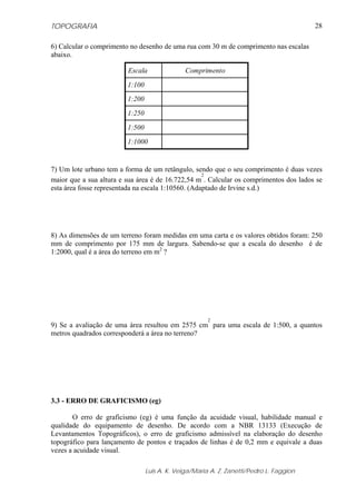 TOPOGRAFIA
Luis A. K. Veiga/Maria A. Z. Zanetti/Pedro L. Faggion
28
6) Calcular o comprimento no desenho de uma rua com 30 m de comprimento nas escalas
abaixo.
Escala Comprimento
1:100
1:200
1:250
1:500
1:1000
7) Um lote urbano tem a forma de um retângulo, sendo que o seu comprimento é duas vezes
maior que a sua altura e sua área é de 16.722,54 m
2
. Calcular os comprimentos dos lados se
esta área fosse representada na escala 1:10560. (Adaptado de Irvine s.d.)
8) As dimensões de um terreno foram medidas em uma carta e os valores obtidos foram: 250
mm de comprimento por 175 mm de largura. Sabendo-se que a escala do desenho é de
1:2000, qual é a área do terreno em m2
?
9) Se a avaliação de uma área resultou em 2575 cm
2
para uma escala de 1:500, a quantos
metros quadrados corresponderá a área no terreno?
3.3 - ERRO DE GRAFICISMO (eg)
O erro de graficismo (eg) é uma função da acuidade visual, habilidade manual e
qualidade do equipamento de desenho. De acordo com a NBR 13133 (Execução de
Levantamentos Topográficos), o erro de graficismo admissível na elaboração do desenho
topográfico para lançamento de pontos e traçados de linhas é de 0,2 mm e equivale a duas
vezes a acuidade visual.
 