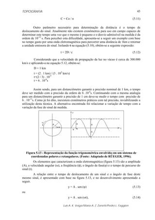 TOPOGRAFIA
Luis A. K. Veiga/Maria A. Z. Zanetti/Pedro L. Faggion
43
C = Co / n (5.11)
Outro parâmetro necessário para determinação da distância é o tempo de
deslocamento do sinal. Atualmente não existem cronômetros para uso em campo capazes de
determinar este tempo uma vez que o mesmo é pequeno e o desvio admissível na medida é da
ordem de 10-12
s. Para perceber esta dificuldade, apresenta-se a seguir um exemplo com base
no tempo gasto por uma onda eletromagnética para percorrer uma distância de 1km e retornar
a unidade emissora do sinal. Isolando t na equação (5.10), obtém-se a seguinte expressão:
t = 2D / c (5.12)
Considerando que a velocidade de propagação da luz no vácuo é cerca de 300.000
km/s e aplicando-a na equação 5.12, obtém-se:
D = 1 km
t = (2 . 1 km) / (3 . 105
km/s)
t=(2 / 3) . 10-5
t = 6 . 10-6
s
Assim sendo, para um distanciômetro garantir a precisão nominal de 1 km, o tempo
deve ser medido com a precisão da ordem de 6 .10-6
s. Continuando com a mesma analogia
para um distanciômetro garantir a precisão de 1 cm deve-se medir o tempo com precisão de
6 . 10-11
s. Como já foi dito, inexistem cronômetros práticos com tal precisão, inviabilizando a
utilização desta técnica. A alternativa encontrada foi relacionar a variação de tempo com a
variação da fase do sinal de medida.
Figura 5.13 - Representação da função trigonométrica envolvida em um sistema de
coordenadas polares e retangulares. (Fonte: Adaptado de RÜEGER, 1996).
Os elementos que caracterizam a onda eletromagnética (figura 5.13) são a amplitude
(Α), a velocidade angular (ω), a freqüência (φ), o ângulo de fase(ϕ) e o tempo de percurso do
sinal (t).
A relação entre o tempo de deslocamento de um sinal e o ângulo de fase deste
mesmo sinal, é apresentado com base na figura 5.13, e no desenvolvimento apresentado a
seguir.
y = A . sen (ϕ) (5.13)
ou
y = A . sen (ωt), (5.14)
 