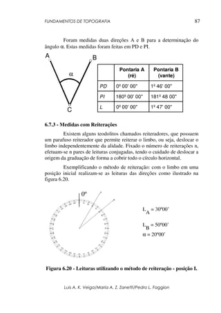FUNDAMENTOS DE TOPOGRAFIA
Luis A. K. Veiga/Maria A. Z. Zanetti/Pedro L. Faggion
87
Foram medidas duas direções A e B para a determinação do
ângulo α. Estas medidas foram feitas em PD e PI.
α
C
A B
Pontaria A
(ré)
Pontaria B
(vante)
PD 0º 00' 00" 1º 46' 00"
PI 180º 00' 00" 181º 48 00"
L 0º 00' 00" 1º 47' 00"
6.7.3 - Medidas com Reiterações
Existem alguns teodolitos chamados reiteradores, que possuem
um parafuso reiterador que permite reiterar o limbo, ou seja, deslocar o
limbo independentemente da alidade. Fixado o número de reiterações n,
efetuam-se n pares de leituras conjugadas, tendo o cuidado de deslocar a
origem da graduação de forma a cobrir todo o círculo horizontal.
Exemplificando o método de reiteração: com o limbo em uma
posição inicial realizam-se as leituras das direções como ilustrado na
figura 6.20.
Figura 6.20 - Leituras utilizando o método de reiteração - posição I.
L
A
= 30º00’
L
B
= 50º00’
α = 20º00’
0º
 