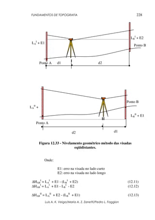 FUNDAMENTOS DE TOPOGRAFIA
Luis A. K. Veiga/Maria A. Z. Zanetti/Pedro L. Faggion
228
Figura 12.33 - Nivelamento geométrico método das visadas
eqüidistantes.
Onde:
E1: erro na visada no lado curto
E2: erro na visada no lado longo
∆HAB
I
= LA
I
+ E1 - (LB
I
+ E2) (12.11)
∆HAB
I
= LA
I
+ E1 - LB
I
- E2 (12.12)
∆HAB
II
= LA
II
+ E2 - (LB
II
+ E1) (12.13)
Ponto A
Ponto B
LA
I
+ E1
I
LB
I
+ E2
d1 d2
Ponto A
Ponto B
LA
II
+
II
LB
II
+ E1
d1d2
 