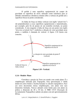FUNDAMENTOS DE TOPOGRAFIA
Luis A. K. Veiga/Maria A. Z. Zanetti/Pedro L. Faggion
11
O geóide é uma superfície equipotencial do campo da
gravidade ou superfície de nível, utilizado como referência para as
altitudes ortométricas (distância contada sobre a vertical, do geóide até a
superfície física) no ponto considerado.
As linhas de força ou linhas verticais (em inglês “plumb line”)
são perpendiculares a essas superfícies equipotenciais e materializadas,
por exemplo, pelo fio de prumo de um teodolito nivelado, no ponto
considerado. A reta tangente à linha de força em um ponto (em inglês
“direction of plumb line”) simboliza a direção do vetor gravidade neste
ponto, e também é chamada de vertical. A figura 1.10 ilustra este
conceito.
Figura 1.10 - Vertical.
1.3.4 - Modelo Plano
Considera a porção da Terra em estudo com sendo plana. É a
simplificação utilizada pela Topografia. Esta aproximação é válida
dentro de certos limites e facilita bastante os cálculos topográficos. Face
aos erros decorrentes destas simplificações, este plano tem suas
dimensões limitadas. Tem-se adotado como limite para este plano na
prática a dimensão de 20 a 30 km. A NRB 13133 (Execução de
Levantamento Topográfico) admite um plano com até aproximadamente
80 km.
Linha de força ou
linha vertical
P
g: direção do vetor gravidade do ponto P
(vertical)
Superfície equipotencial ou
superfície de nível S
Superfície equipotencial ou
superfície de nível S´
P´
 
