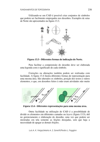 FUNDAMENTOS DE TOPOGRAFIA
Luis A. K. Veiga/Maria A. Z. Zanetti/Pedro L. Faggion
238
Utilizando-se um CAD é possível criar conjuntos de símbolos
que podem ser facilmente empregados nos desenhos. Exemplos de setas
de Norte são apresentados na figura 13.3.
Figura 13.3 - Diferentes formas de indicação do Norte.
Para facilitar a compreensão do desenho deve ser elaborada
uma legenda com o significado de cada símbolo.
Correções ou alterações também podem ser realizadas com
facilidade. A figura 13.4 ilustra diferentes formas de representação para
uma mesma área. São alterados os símbolos, posição dos textos e outros
elementos, o que, em desenhos feitos à mão eram atividades não muito
práticas.
Figura 13.4 - Diferentes representações para uma mesma área.
Outra facilidade na utilização de CAD é a possibilidade de
dividir os elementos em diferentes camadas ou layers (figura 13.5), útil
no gerenciamento e elaboração do desenho, uma vez que podem ser
mostradas em tela somente as feições desejadas, sem que haja a
necessidade de apagar as demais feições.
P01
Rua X
P01
Ruagramado gramado
 