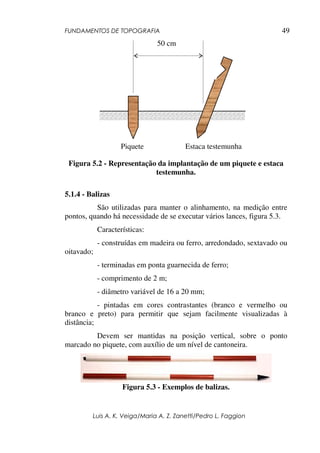 FUNDAMENTOS DE TOPOGRAFIA
Luis A. K. Veiga/Maria A. Z. Zanetti/Pedro L. Faggion
49
Figura 5.2 - Representação da implantação de um piquete e estaca
testemunha.
5.1.4 - Balizas
São utilizadas para manter o alinhamento, na medição entre
pontos, quando há necessidade de se executar vários lances, figura 5.3.
Características:
- construídas em madeira ou ferro, arredondado, sextavado ou
oitavado;
- terminadas em ponta guarnecida de ferro;
- comprimento de 2 m;
- diâmetro variável de 16 a 20 mm;
- pintadas em cores contrastantes (branco e vermelho ou
branco e preto) para permitir que sejam facilmente visualizadas à
distância;
Devem ser mantidas na posição vertical, sobre o ponto
marcado no piquete, com auxílio de um nível de cantoneira.
Figura 5.3 - Exemplos de balizas.
Piquete Estaca testemunha
50 cm
 
