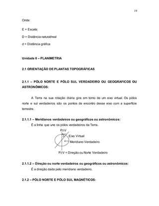 19
Onde:
E = Escala;
D = Distância natural/real
d = Distância gráfica
Unidade II – PLANIMETRIA
2.1 ORIENTAÇÃO DE PLANTAS TOPOGRÁFICAS
2.1.1 – PÓLO NORTE E PÓLO SUL VERDADEIRO OU GEOGRAFICOS OU
ASTRONÔMICOS:
A Terra na sua rotação diária gira em torno de um eixo virtual. Os pólos
norte e sul verdadeiros são os pontos de encontro desse eixo com a superfície
terrestre.
2.1.1.1 – Meridianos verdadeiros ou geográficos ou astronômicos:
É a linha que une os pólos verdadeiros da Terra.
PV
 Eixo Virtual
Meridiano Verdadeiro
PV = Direção ou Norte Verdadeiro
2.1.1.2 – Direção ou norte verdadeiros ou geográficos ou astronômicos:
É a direção dada pelo meridiano verdadeiro.
2.1.2 – PÓLO NORTE E PÓLO SUL MAGNÉTICOS:
 