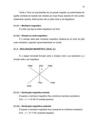 20
Tendo a Terra as propriedades de um grande magneto, as extremidades da
agulha imantada da bússola são atraídas por duas forças atuando em dois pontos
diretamente opostos. Estes pontos são os pólos norte e sul magnéticos.
2.1.2.1 – Meridiano magnético:
É a linha que liga os pólos magnéticos da Terra.
2.1.2.2 – Direção ou norte magnético:
É a direção dada pelo meridiano magnético. Desloca-se em torno do pólo
norte verdadeiro, seguindo aproximadamente um círculo.
2.1.3 – DECLINAÇÃO MAGNÉTICA LOCAL ():
É o ângulo horizontal formado entre a direção norte e sul verdadeiro e a
direção norte e sul magnética.
PNM PNV PNM

PSV PSM
PSM
2.1.3.1 – Declinação magnética oriental:
É quando o meridiano magnético fica a direita do meridiano verdadeiro.
Ex1)  = + 12o 05’12” oriental (positivo)
2.1.3.2 – Declinação magnética ocidental:
É quando o meridiano magnético fica a esquerda do meridiano verdadeiro.
Ex1)  = - 2o 11’04” ocidental (negativo)
 