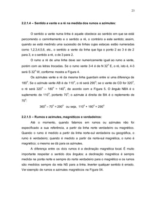 23
2.2.1.4 – Sentido a vante e a ré na medida dos rumos e azimutes:
O sentido a vante numa linha é aquele obedece ao sentido em que se está
percorrendo o caminhamento e o sentido a ré, o contrário a este sentido; assim,
quando se está medindo uma sucessão de linhas cujas estacas estão numeradas
como 1,2,3,4,5,6, etc., o sentido a vante da linha que liga o ponto 2 ao 3 é de 2
para 3, e o sentido a ré, o de 3 para 2.
O rumo a ré de uma linha deve ser numericamente igual ao rumo a vante,
porém com as letras trocadas. Se o rumo vante 3-4 é de N 32
o
E, o ré, isto é, 4-3
será S 32
o
W, conforme mostra a Figura 4.
Os azimutes vante e ré da mesma linha guardam entre si uma diferença de
180
o
. Se o azimute vante AB é de 110
o
, o ré será 290
o
; se o vante de CD for 320
o
,
o ré será 320
o
– 180
o
= 140
o
, de acordo com a Figura 5. O ângulo NBA é o
suplemento de 110
o
, portanto 70
o
; o azimute à direita de BA é o replemento de
70
o
:
360
o
– 70
o
= 290
o
ou seja, 110
o
+ 180
o
= 290
o
2.2.1.5 – Rumos e azimutes, magnéticos e verdadeiros:
Até o momento, quando falamos em rumos ou azimutes não foi
especificado a sua referência, a partir da linha norte verdadeiro ou magnético.
Quando o rumo é medido a partir da linha norte-sul verdadeira ou geográfica, o
rumo é verdadeiro; quando é medido a partir da norte-sul magnética, o rumo é
magnético; o mesmo se dá para os azimutes.
A diferença entre os dois rumos é a declinação magnética local. É muito
importante respeitar o sentido dos ângulos: a declinação magnética é sempre
medida na ponta norte e sempre do norte verdadeiro para o magnético e os rumos
são medidos sempre da reta NS para a linha. Inverter qualquer sentido é errado.
Ver exemplo de rumos e azimutes magnéticos na Figura 04.
 