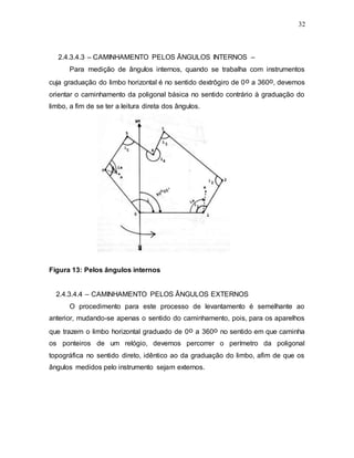 32
2.4.3.4.3 – CAMINHAMENTO PELOS ÂNGULOS INTERNOS –
Para medição de ângulos internos, quando se trabalha com instrumentos
cuja graduação do limbo horizontal é no sentido dextrôgiro de 0o a 360o, devemos
orientar o caminhamento da poligonal básica no sentido contrário à graduação do
limbo, a fim de se ter a leitura direta dos ângulos.
Figura 13: Pelos ângulos internos
2.4.3.4.4 – CAMINHAMENTO PELOS ÂNGULOS EXTERNOS
O procedimento para este processo de levantamento é semelhante ao
anterior, mudando-se apenas o sentido do caminhamento, pois, para os aparelhos
que trazem o limbo horizontal graduado de 0o a 360o no sentido em que caminha
os ponteiros de um relógio, devemos percorrer o perímetro da poligonal
topográfica no sentido direto, idêntico ao da graduação do limbo, afim de que os
ângulos medidos pelo instrumento sejam externos.
 