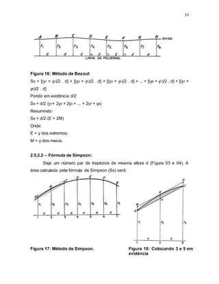 35
Figura 16: Método de Bezout
SB = [(y1 + y2)/2 . d] + [(y2 + y3)/2 . d] + [(y3 + y4)/2 . d] + ... + [(y6 + y7)/2 . d] + [(y7 +
y8)/2 . d]
Pondo em evidência d/2
SB = d/2 (y1+ 2y2 + 2y3 + ... + 2y7 + y8)
Resumindo:
SB = d/2 (E + 2M)
Onde:
E = y dos extremos;
M = y dos meios.
2.5.2.2 – Fórmula de Simpson:
Seja um número par de trapézios de mesma altura d (Figura 03 e 04). A
área calculada pela fórmula de Simpson (Ss) será:
Figura 17: Método de Simpson. Figura 18: Colocando 3 e 5 em
evidência
 
