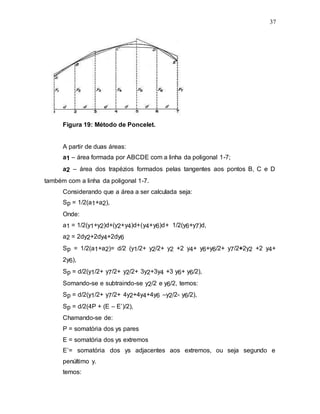 37
Figura 19: Método de Poncelet.
A partir de duas áreas:
a1 – área formada por ABCDE com a linha da poligonal 1-7;
a2 – área dos trapézios formados pelas tangentes aos pontos B, C e D
também com a linha da poligonal 1-7.
Considerando que a área a ser calculada seja:
Sp = 1/2(a1+a2),
Onde:
a1 = 1/2(y1+y2)d+(y2+y4)d+(y4+y6)d+ 1/2(y6+y7)d,
a2 = 2dy2+2dy4+2dy6
Sp = 1/2(a1+a2)= d/2 (y1/2+ y2/2+ y2 +2 y4+ y6+y6/2+ y7/2+2y2 +2 y4+
2y6),
Sp = d/2(y1/2+ y7/2+ y2/2+ 3y2+3y4 +3 y6+ y6/2),
Somando-se e subtraindo-se y2/2 e y6/2, temos:
Sp = d/2(y1/2+ y7/2+ 4y2+4y4+4y6 –y2/2- y6/2),
Sp = d/2(4P + (E – E’)/2),
Chamando-se de:
P = somatória dos ys pares
E = somatória dos ys extremos
E’= somatória dos ys adjacentes aos extremos, ou seja segundo e
penúltimo y.
temos:
 