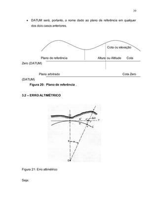 39
 DATUM será, portanto, o nome dado ao plano de referência em qualquer
dos dois casos anteriores.
Cota ou elevação
Plano de referência Altura ou Altitude Cota
Zero (DATUM)
Plano arbitrado Cota Zero
(DATUM)
Figura 20: Plano de referência .
3.2 – ERRO ALTIMÉTRICO
Figura 21: Erro altimétrico
Seja:
 