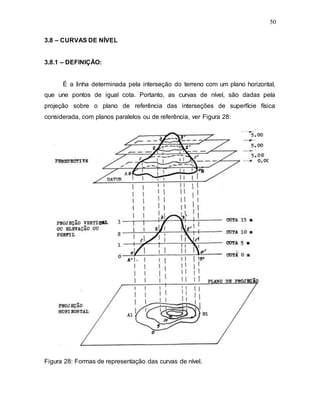 50
3.8 – CURVAS DE NÍVEL
3.8.1 – DEFINIÇÃO:
É a linha determinada pela interseção do terreno com um plano horizontal,
que une pontos de igual cota. Portanto, as curvas de nível, são dadas pela
projeção sobre o plano de referência das interseções de superfície física
considerada, com planos paralelos ou de referência, ver Figura 28:
Figura 28: Formas de representação das curvas de nível.
 