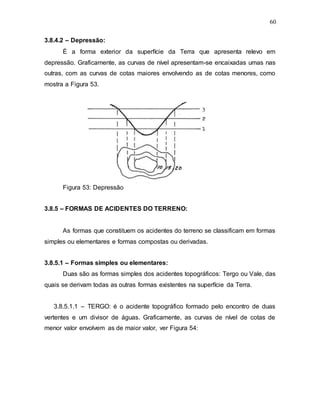 60
3.8.4.2 – Depressão:
É a forma exterior da superfície da Terra que apresenta relevo em
depressão. Graficamente, as curvas de nível apresentam-se encaixadas umas nas
outras, com as curvas de cotas maiores envolvendo as de cotas menores, como
mostra a Figura 53.
Figura 53: Depressão
3.8.5 – FORMAS DE ACIDENTES DO TERRENO:
As formas que constituem os acidentes do terreno se classificam em formas
simples ou elementares e formas compostas ou derivadas.
3.8.5.1 – Formas simples ou elementares:
Duas são as formas simples dos acidentes topográficos: Tergo ou Vale, das
quais se derivam todas as outras formas existentes na superfície da Terra.
3.8.5.1.1 – TERGO: é o acidente topográfico formado pelo encontro de duas
vertentes e um divisor de águas. Graficamente, as curvas de nível de cotas de
menor valor envolvem as de maior valor, ver Figura 54:
 