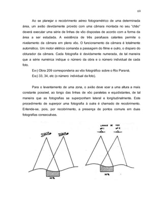 69
Ao se planejar o recobrimento aéreo fotogramétrico de uma determinada
área, um avião devidamente provido com uma câmara montada no seu “chão”
deverá executar uma série de linhas de vôo dispostas de acordo com a forma da
área a ser estudada. A existência de três parafusos calantes permite o
nivelamento da câmara em pleno vôo. O funcionamento da câmara é totalmente
automático. Um motor elétrico comanda a passagem do filme e outro, o disparo do
obturador da câmara. Cada fotografia é devidamente numerada, de tal maneira
que a série numérica indique o número da obra e o número individual de cada
foto.
Ex1) Obra 209 corresponderia ao vôo fotográfico sobre o Rio Paraná.
Ex2) 33, 34, etc (o número individual da foto).
Para o levantamento de uma zona, o avião deve voar a uma altura a mais
constante possível, ao longo das linhas de vôo paralelas e equidistantes, de tal
maneira que as fotografias se superponham lateral e longitudinalmente. Este
procedimento de superpor uma fotografia à outra é chamado de recobrimento.
Entende-se, pois, por recobrimento, a presença de pontos comuns em duas
fotografias consecutivas.
 