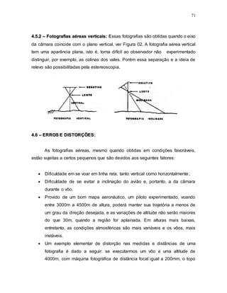 71
4
4.
.5
5.
.2
2 –
– F
Fo
ot
to
og
gr
ra
af
fi
ia
as
s a
aé
ér
re
ea
as
s v
ve
er
rt
ti
ic
ca
ai
is
s:
: E
Essas fotografias são obtidas quando o eixo
da câmara coincide com o plano vertical, ver Figura 02. A fotografia aérea vertical
tem uma aparência plana, isto é, torna difícil ao observador não experimentado
distinguir, por exemplo, as colinas dos vales. Porém essa separação e a ideia de
relevo são possibilitadas pela estereoscopia.
4
4.
.6
6 –
– E
ER
RR
RO
OS
S E
E D
DI
IS
ST
TO
OR
RÇ
ÇÕ
ÕE
ES
S:
:
As fotografias aéreas, mesmo quando obtidas em condições favoráveis,
estão sujeitas a certos pequenos que são devidos aos seguintes fatores:
 Dificuldade em se voar em linha reta, tanto vertical como horizontalmente;
 Dificuldade de se evitar a inclinação do avião e, portanto, a da câmara
durante o vôo.
 Provido de um bom mapa aeronáutico, um piloto experimentado, voando
entre 3000m a 4500m de altura, poderá manter sua trajetória a menos de
um grau da direção desejada, e as variações de altitude não serão maiores
do que 30m, quando a região for aplainada. Em alturas mais baixas,
entretanto, as condições atmosféricas são mais variáveis e os vôos, mais
instáveis.
 Um exemplo elementar de distorção nas medidas e distâncias de uma
fotografia é dado a seguir: se executarmos um vôo a uma altitude de
4000m, com máquina fotográfica de distância focal igual a 200mm, o topo
 