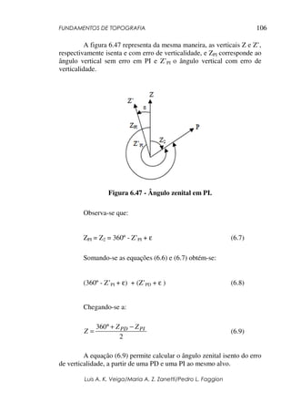 FUNDAMENTOS DE TOPOGRAFIA
Luis A. K. Veiga/Maria A. Z. Zanetti/Pedro L. Faggion
106
A figura 6.47 representa da mesma maneira, as verticais Z e Z’,
respectivamente isenta e com erro de verticalidade, e ZPI corresponde ao
ângulo vertical sem erro em PI e Z’PI o ângulo vertical com erro de
verticalidade.
Figura 6.47 - Ângulo zenital em PI.
Observa-se que:
ZPI = Z2 = 360º - Z’PI + ε (6.7)
Somando-se as equações (6.6) e (6.7) obtém-se:
(360º - Z’PI + ε) + (Z’PD + ε ) (6.8)
Chegando-se a:
(6.9)
A equação (6.9) permite calcular o ângulo zenital isento do erro
de verticalidade, a partir de uma PD e uma PI ao mesmo alvo.
2
360 PIPD ZZ
Z
−+°
=
 