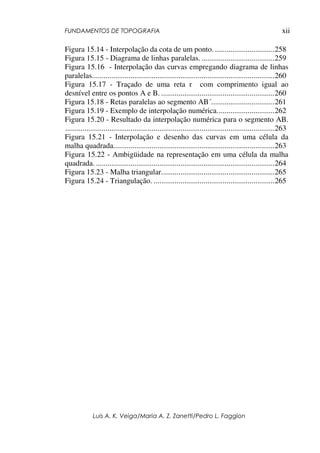 FUNDAMENTOS DE TOPOGRAFIA
Luis A. K. Veiga/Maria A. Z. Zanetti/Pedro L. Faggion
xii
Figura 15.14 - Interpolação da cota de um ponto. ...............................258
Figura 15.15 - Diagrama de linhas paralelas. ......................................259
Figura 15.16 - Interpolação das curvas empregando diagrama de linhas
paralelas...............................................................................................260
Figura 15.17 - Traçado de uma reta r com comprimento igual ao
desnível entre os pontos A e B. ...........................................................260
Figura 15.18 - Retas paralelas ao segmento AB´.................................261
Figura 15.19 - Exemplo de interpolação numérica..............................262
Figura 15.20 - Resultado da interpolação numérica para o segmento AB.
.............................................................................................................263
Figura 15.21 - Interpolação e desenho das curvas em uma célula da
malha quadrada....................................................................................263
Figura 15.22 - Ambigüidade na representação em uma célula da malha
quadrada. .............................................................................................264
Figura 15.23 - Malha triangular...........................................................265
Figura 15.24 - Triangulação. ...............................................................265
 