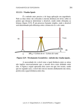 FUNDAMENTOS DE TOPOGRAFIA
Luis A. K. Veiga/Maria A. Z. Zanetti/Pedro L. Faggion
201
12.3.3.1 - Visadas Iguais
É o método mais preciso e de larga aplicação em engenharia.
Nele as duas miras são colocadas à mesma distância do nível, sobre os
pontos que deseja-se determinar o desnível, sendo então efetuadas as
leituras (figura 12.9). É um processo bastante simples, onde o desnível
será determinado pela diferença entre a leitura de ré e a de vante.
∆HAB = Leitura de ré - Leitura de vante
Figura 12.9 - Nivelamento Geométrico - método das visadas iguais.
A necessidade de o nível estar a igual distância entre as miras
não implica necessariamente que o mesmo deva estar alinhado entre
elas. A figura a seguir apresenta dois casos em que isto ocorre, sendo
que no segundo caso, o nível não está no mesmo alinhamento das miras,
porém está a igual distância entre elas.
A
Ré Vante
B
∆h
 