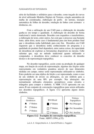 FUNDAMENTOS DE TOPOGRAFIA
Luis A. K. Veiga/Maria A. Z. Zanetti/Pedro L. Faggion
237
série de facilidades e utilitários para o desenho, como traçado de curvas
de nível utilizando Modelos Digitais de Terreno, criação automática de
malha de coordenadas, elaboração de perfis do terreno, inserção
automática de folhas de desenho, rotulação de linhas com azimutes e
distâncias, etc.
Com a utilização de um CAD para a elaboração do desenho
ganha-se em tempo e qualidade. A elaboração do desenho de forma
tradicional é muito demorada. Desenho com esquadros e transferidores,
a elaboração de texto, entre outros, faz com que o processo seja bastante
lento, além disto, neste caso é fundamental para um bom produto final
que o desenhista tenha habilidade para este fim. Desenhos em CAD
requerem que o desenhista tenha conhecimento do programa e a
qualidade do produto final dependerá, entre outras coisas, da capacidade
do desenhista de explorar as ferramentas disponíveis no mesmo. Cabe
salientar que, seja no método tradicional quanto utilizando o
computador, o desenhista deve conhecer os conceitos de desenho
técnico e de representação topográfica.
No desenho topográfico, assim como na produção de qualquer
mapa, em função da escala de representação, algumas das feições serão
representadas em verdadeira grandeza através de suas dimensões
medidas em campo, outras serão representadas utilizando-se símbolos.
Estes poderão ser uma réplica da feição a ser representada, como o caso
de um símbolo de árvore ou abstrações, ou um símbolo para a
representação de uma RN, por exemplo. Nas abstrações são
normalmente utilizados elementos geométricos como círculos e
triângulos para compor o símbolo. A NBR 13133 apresenta em seu
anexo B um conjunto de convenções topográficas para serem utilizadas
nos desenhos topográficos. A figura 13.2 apresenta alguns destes
símbolos.
Figura 13.2 - Exemplos de convenções topográficas.
Fonte: ABNT (1994, p.32).
RN Oficial
1º Ordem
3º Ordem
2º Ordem
Vértices
Topográficos
Pol. Principal
Pol. Auxiliar
Pol. Secundária
Vértices
Geodésicos
1º Ordem
3º Ordem
2º Ordem
 