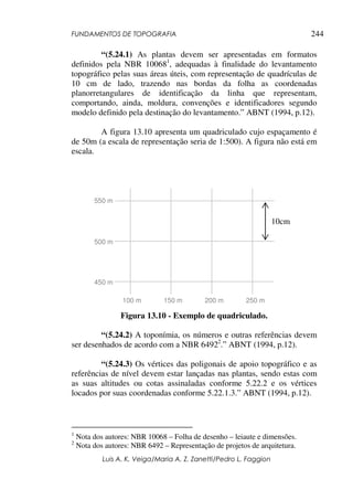 FUNDAMENTOS DE TOPOGRAFIA
Luis A. K. Veiga/Maria A. Z. Zanetti/Pedro L. Faggion
244
“(5.24.1) As plantas devem ser apresentadas em formatos
definidos pela NBR 100681
, adequadas à finalidade do levantamento
topográfico pelas suas áreas úteis, com representação de quadrículas de
10 cm de lado, trazendo nas bordas da folha as coordenadas
planorretangulares de identificação da linha que representam,
comportando, ainda, moldura, convenções e identificadores segundo
modelo definido pela destinação do levantamento.” ABNT (1994, p.12).
A figura 13.10 apresenta um quadriculado cujo espaçamento é
de 50m (a escala de representação seria de 1:500). A figura não está em
escala.
Figura 13.10 - Exemplo de quadriculado.
“(5.24.2) A toponímia, os números e outras referências devem
ser desenhados de acordo com a NBR 64922
.” ABNT (1994, p.12).
“(5.24.3) Os vértices das poligonais de apoio topográfico e as
referências de nível devem estar lançadas nas plantas, sendo estas com
as suas altitudes ou cotas assinaladas conforme 5.22.2 e os vértices
locados por suas coordenadas conforme 5.22.1.3.” ABNT (1994, p.12).
1
Nota dos autores: NBR 10068 – Folha de desenho – leiaute e dimensões.
2
Nota dos autores: NBR 6492 – Representação de projetos de arquitetura.
10cm
100 m 150 m 200 m 250 m
450 m
500 m
550 m
 