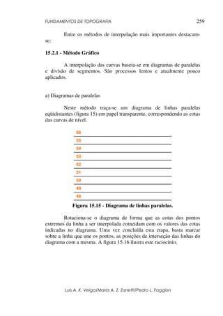 FUNDAMENTOS DE TOPOGRAFIA
Luis A. K. Veiga/Maria A. Z. Zanetti/Pedro L. Faggion
259
Entre os métodos de interpolação mais importantes destacam-
se:
15.2.1 - Método Gráfico
A interpolação das curvas baseia-se em diagramas de paralelas
e divisão de segmentos. São processos lentos e atualmente pouco
aplicados.
a) Diagramas de paralelas
Neste método traça-se um diagrama de linhas paralelas
eqüidistantes (figura 15) em papel transparente, correspondendo as cotas
das curvas de nível.
Figura 15.15 - Diagrama de linhas paralelas.
Rotaciona-se o diagrama de forma que as cotas dos pontos
extremos da linha a ser interpolada coincidam com os valores das cotas
indicadas no diagrama. Uma vez concluída esta etapa, basta marcar
sobre a linha que une os pontos, as posições de interseção das linhas do
diagrama com a mesma. A figura 15.16 ilustra este raciocínio.
48
49
50
51
52
53
54
55
56
 