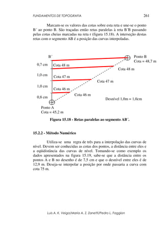 FUNDAMENTOS DE TOPOGRAFIA
Luis A. K. Veiga/Maria A. Z. Zanetti/Pedro L. Faggion
261
Marcam-se os valores das cotas sobre esta reta e une-se o ponto
B´ ao ponto B. São traçadas então retas paralelas à reta B´B passando
pelas cotas cheias marcadas na reta r (figura 15.18). A interseção destas
retas com o segmento AB é a posição das curvas interpoladas.
Figura 15.18 - Retas paralelas ao segmento AB´.
15.2.2 - Método Numérico
Utiliza-se uma regra de três para a interpolação das curvas de
nível. Devem ser conhecidas as cotas dos pontos, a distância entre eles e
a eqüidistância das curvas de nível. Tomando-se como exemplo os
dados apresentados na figura 15.19, sabe-se que a distância entre os
pontos A e B no desenho é de 7,5 cm e que o desnível entre eles é de
12,9 m. Deseja-se interpolar a posição por onde passaria a curva com
cota 75 m.
Ponto A
Cota = 45,2 m
Ponto B
Cota = 48,7 m
0,8 cm
1,0 cm
1,0 cm
0,7 cm
Cota 46 m
Cota 47 m
Cota 48 m
B´
Cota 48 m
Cota 47 m
Cota 46 m
Desnível 1,0m = 1,0cm
 