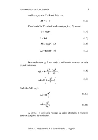 FUNDAMENTOS DE TOPOGRAFIA
Luis A. K. Veiga/Maria A. Z. Zanetti/Pedro L. Faggion
15
A diferença entre S´e S será dada por:
S-S'S =∆ (1.3)
Calculando S e S´e substituindo na equação (1.3) tem-se:
θtgRS' = (1.4)
θRS = (1.5)
θθ RRtgS −=∆ (1.6)
)−=∆ θθ(tgRS (1.7)
Desenvolvendo tg θ em série e utilizando somente os dois
primeiros termos:
(1.8)
(1.9)
Onde θ = S/R, logo:
(1.10)
(1.11)
A tabela 1.1 apresenta valores de erros absolutos e relativos
para um conjunto de distâncias.
K+
θ
+
θ
+θ=θ
15
2 5
3
3
tg








θ−
θ
+θ=∆
3
RS
3
3
RS
3
θ
=∆
R3
S
S
2
3
=∆
 