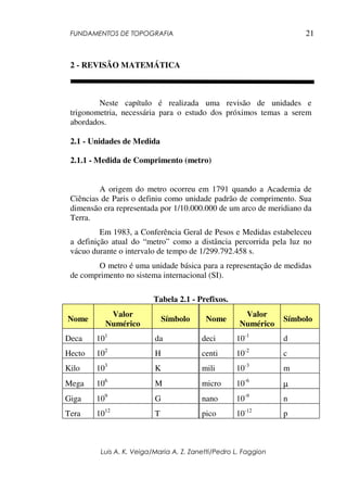 FUNDAMENTOS DE TOPOGRAFIA
Luis A. K. Veiga/Maria A. Z. Zanetti/Pedro L. Faggion
21
2 - REVISÃO MATEMÁTICA
Neste capítulo é realizada uma revisão de unidades e
trigonometria, necessária para o estudo dos próximos temas a serem
abordados.
2.1 - Unidades de Medida
2.1.1 - Medida de Comprimento (metro)
A origem do metro ocorreu em 1791 quando a Academia de
Ciências de Paris o definiu como unidade padrão de comprimento. Sua
dimensão era representada por 1/10.000.000 de um arco de meridiano da
Terra.
Em 1983, a Conferência Geral de Pesos e Medidas estabeleceu
a definição atual do “metro” como a distância percorrida pela luz no
vácuo durante o intervalo de tempo de 1/299.792.458 s.
O metro é uma unidade básica para a representação de medidas
de comprimento no sistema internacional (SI).
Tabela 2.1 - Prefixos.
Nome
Valor
Numérico
Símbolo Nome
Valor
Numérico
Símbolo
Deca 101
da deci 10-1
d
Hecto 102
H centi 10-2
c
Kilo 103
K mili 10-3
m
Mega 106
M micro 10-6
µ
Giga 109
G nano 10-9
n
Tera 1012
T pico 10-12
p
 