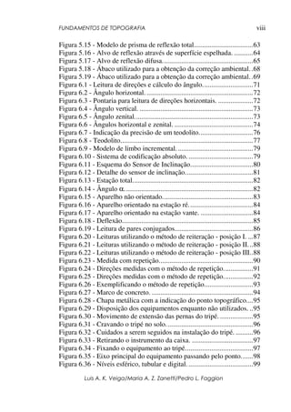 FUNDAMENTOS DE TOPOGRAFIA
Luis A. K. Veiga/Maria A. Z. Zanetti/Pedro L. Faggion
viii
Figura 5.15 - Modelo de prisma de reflexão total..................................63
Figura 5.16 - Alvo de reflexão através de superfície espelhada. ...........64
Figura 5.17 - Alvo de reflexão difusa....................................................65
Figura 5.18 - Ábaco utilizado para a obtenção da correção ambiental..68
Figura 5.19 - Ábaco utilizado para a obtenção da correção ambiental..69
Figura 6.1 - Leitura de direções e cálculo do ângulo.............................71
Figura 6.2 - Ângulo horizontal. .............................................................72
Figura 6.3 - Pontaria para leitura de direções horizontais. ....................72
Figura 6.4 - Ângulo vertical. .................................................................73
Figura 6.5 - Ângulo zenital....................................................................73
Figura 6.6 - Ângulos horizontal e zenital. .............................................74
Figura 6.7 - Indicação da precisão de um teodolito...............................76
Figura 6.8 - Teodolito............................................................................77
Figura 6.9 - Modelo de limbo incremental. ...........................................79
Figura 6.10 - Sistema de codificação absoluto. .....................................79
Figura 6.11 - Esquema do Sensor de Inclinação....................................80
Figura 6.12 - Detalhe do sensor de inclinação.......................................81
Figura 6.13 - Estação total.....................................................................82
Figura 6.14 - Ângulo α..........................................................................82
Figura 6.15 - Aparelho não orientado....................................................83
Figura 6.16 - Aparelho orientado na estação ré.....................................84
Figura 6.17 - Aparelho orientado na estação vante. ..............................84
Figura 6.18 - Deflexão...........................................................................85
Figura 6.19 - Leitura de pares conjugados.............................................86
Figura 6.20 - Leituras utilizando o método de reiteração - posição I. ...87
Figura 6.21 - Leituras utilizando o método de reiteração - posição II...88
Figura 6.22 - Leituras utilizando o método de reiteração - posição III..88
Figura 6.23 - Medida com repetição......................................................90
Figura 6.24 - Direções medidas com o método de repetição.................91
Figura 6.25 - Direções medidas com o método de repetição.................92
Figura 6.26 - Exemplificando o método de repetição............................93
Figura 6.27 - Marco de concreto. ..........................................................94
Figura 6.28 - Chapa metálica com a indicação do ponto topográfico....95
Figura 6.29 - Disposição dos equipamentos enquanto não utilizados. ..95
Figura 6.30 - Movimento de extensão das pernas do tripé. ...................95
Figura 6.31 - Cravando o tripé no solo..................................................96
Figura 6.32 - Cuidados a serem seguidos na instalação do tripé. ..........96
Figura 6.33 - Retirando o instrumento da caixa. ...................................97
Figura 6.34 - Fixando o equipamento ao tripé.......................................97
Figura 6.35 - Eixo principal do equipamento passando pelo ponto.......98
Figura 6.36 - Níveis esférico, tubular e digital. .....................................99
 