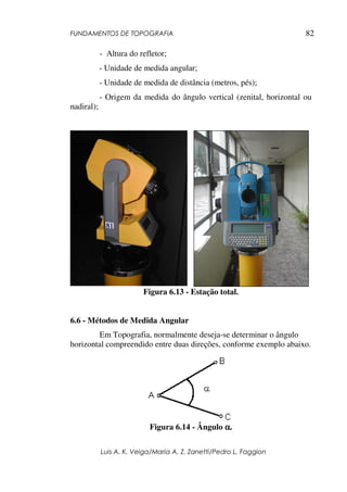 FUNDAMENTOS DE TOPOGRAFIA
Luis A. K. Veiga/Maria A. Z. Zanetti/Pedro L. Faggion
82
- Altura do refletor;
- Unidade de medida angular;
- Unidade de medida de distância (metros, pés);
- Origem da medida do ângulo vertical (zenital, horizontal ou
nadiral);
Figura 6.13 - Estação total.
6.6 - Métodos de Medida Angular
Em Topografia, normalmente deseja-se determinar o ângulo
horizontal compreendido entre duas direções, conforme exemplo abaixo.
Figura 6.14 - Ângulo αααα.
 