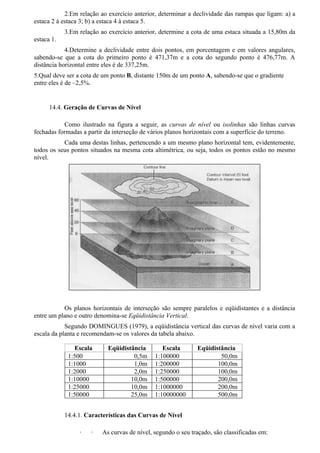 2.Em relação ao exercício anterior, determinar a declividade das rampas que ligam: a) a
estaca 2 à estaca 3; b) a estaca 4 à estaca 5.
            3.Em relação ao exercício anterior, determine a cota de uma estaca situada a 15,80m da
estaca 1.
            4.Determine a declividade entre dois pontos, em porcentagem e em valores angulares,
sabendo-se que a cota do primeiro ponto é 471,37m e a cota do segundo ponto é 476,77m. A
distância horizontal entre eles é de 337,25m.
5.Qual deve ser a cota de um ponto B, distante 150m de um ponto A, sabendo-se que o gradiente
entre eles é de –2,5%.


      14.4. Geração de Curvas de Nível

           Como ilustrado na figura a seguir, as curvas de nível ou isolinhas são linhas curvas
fechadas formadas a partir da interseção de vários planos horizontais com a superfície do terreno.
           Cada uma destas linhas, pertencendo a um mesmo plano horizontal tem, evidentemente,
todos os seus pontos situados na mesma cota altimétrica, ou seja, todos os pontos estão no mesmo
nível.




           Os planos horizontais de interseção são sempre paralelos e eqüidistantes e a distância
entre um plano e outro denomina-se Eqüidistância Vertical.
            Segundo DOMINGUES (1979), a eqüidistância vertical das curvas de nível varia com a
escala da planta e recomendam-se os valores da tabela abaixo.

               Escala       Eqüidistância        Escala       Eqüidistância
             1:500                   0,5m     1:100000                50,0m
             1:1000                  1,0m     1:200000               100,0m
             1:2000                  2,0m     1:250000               100,0m
             1:10000                10,0m     1:500000               200,0m
             1:25000                10,0m     1:1000000              200,0m
             1:50000                25,0m     1:10000000             500,0m


            14.4.1. Características das Curvas de Nível

                 ·   ·    As curvas de nível, segundo o seu traçado, são classificadas em:
 