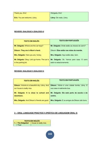 102
Thank you, Eric!
Eric: You are welcome, Libny.
Obrigada, Eric!
Libny: De nada, Libny.
REVISÃO: DIALOGUE 4 (DIALOGO 4).
TEXTO EM INGLÊS TEXTO EM PORTUGUÊS
Mr. Delgado: Where are the car keys?
Dikson: They are in Mom’s hand.
Mrs. Delgado: Here you are, honey.
Mr. Delgado: Okay. Let’s go home. The car is
in the parking lot.
Mr. Delgado: Onde estão as chaves do carro?
Dikson: Elas estão nas mãos da mamãe.
Mrs. Delgado: Aqui estão elas, bem.
Mr. Delgado: Ok. Vamos para casa. O carro
está no estacionamento.
REVISÃO: DIALOGUE 5 (DIALOGO 5).
TEXTO EM INGLÊS TEXTO EM PORTUGUÊS
Dikson: Victoria is a beautiful city, Libny. And
our house is really nice.
Mr. Delgado: It is close to school and
downtown.
Mrs. Delgado: And Dikson’s friends are good.
Dikson: Vitória é uma cidade bonita, Libny. E
sua casa é realmente boa.
Mr. Delgado: Ela está perto da escola e do
centro.
Mrs. Delgado: E os amigos de Dikson são bons.
2 – ORAL LANGUAGE PRACTICE 5 (PRÁTICA DE LINGUAGEM ORAL 5)
TEXTO EM INGLÊS
1. The Delgados’ house is really nice.
Their
 