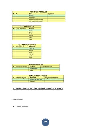 116
TEXTO EM POTUGUÊS
1. A casa é grande
escola
escritório
apartamento (prédio)
loja (casa comercial)
TEXTO EM INGLÊS
2. Their house is yellow
white
green
blue
brown
black
grey
TEXTO EM PORTUGUÊS
2. Sua casa é amarela.
branca
verde
azul
marron
preta
cinza
TEXTO EM INGLÊS
3. There are some bushes in the front yard.
flower beds
trees
TEXTO EM PORTUGUÊS
3. Existem alguns arbustos no jardim da frente.
canteiros de flores
árvores
3 – STRUCTURE OBJECTIVES 6 (ESTRUTURAS OBJETIVAS 6)
New Strutures
1. There is, there are
 