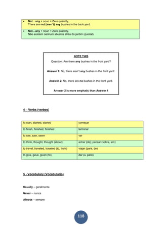 118
• Not…any + noun = Zero quantity.
There are not (aren’t) any bushes in the back yard.
• Not…any + noun = Zero quantity.
Não existem nenhum abustos atrás do jardim (quintal).
NOTE THIS
Question: Are there any bushes in the front yard?
Answer 1: No, there aren’t any bushes in the front yard.
Answer 2: No, there are no bushes in the front yard.
Answer 2 is more emphatic than Answer 1
4 – Verbs (verbos)
to start, started, started começar
to finish, finished, finished terminar
to see, saw, seem ver
to think, thought, thought (about) achar (de); pensar (sobre, em)
to travel, traveled, traveled (to, from) viajar (para, de)
to give, gave, given (to) dar (a, para)
5 - Vocabulary (Vocabulário)
Usually – geralmente
Never – nunca
Always – sempre
 