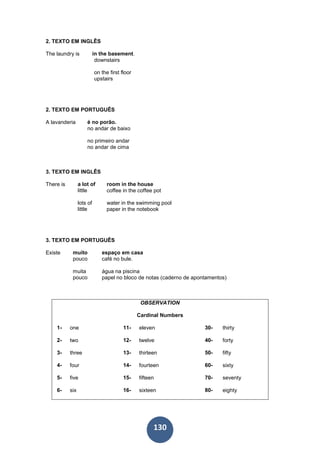 130
2. TEXTO EM INGLÊS
The laundry is in the basement.
downstairs
on the first floor
upstairs
2. TEXTO EM PORTUGUÊS
A lavanderia é no porão.
no andar de baixo
no primeiro andar
no andar de cima
3. TEXTO EM INGLÊS
There is a lot of room in the house
little coffee in the coffee pot
lots of water in the swimming pool
little paper in the notebook
3. TEXTO EM PORTUGUÊS
Existe muito espaço em casa
pouco café no bule.
muita água na piscina
pouco papel no bloco de notas (caderno de apontamentos)
OBSERVATION
Cardinal Numbers
1- one 11- eleven 30- thirty
2- two 12- twelve 40- forty
3- three 13- thirteen 50- fifty
4- four 14- fourteen 60- sixty
5- five 15- fifteen 70- seventy
6- six 16- sixteen 80- eighty
 