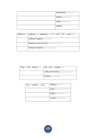 143
grandparents (grénd-párents)(avós)
brothers (brâ-dhâr) (irmãos)
sisters (sis-târ) (irmã / freira)
relatives
Dikson is (is) watching (uótshing) television (televisiân) in (inn) the (dhâ) TV (ti-vi) room (rumm).
reading a magazine (lendo uma revista)
listening to some new cd’s (ouvindo alguns dos novos CD's)
doing his homework (fazendo sua lição de casa)
They (dhêi) are (ár) having (héving) tea (ti) and (ând) cookies (ku-kis).
coffee and brownies (bráu-nis) / (Café com bolinhos)
iced tea (áiss ti) / (chá gelado)
The (dhâ) cookies (ku-kis) are (ár) delicious (dili-shânn).
great (grêit) (grande / ótimo / excelente)
perfect (pârfek-t) (perfeitos)
crunchy (krântsh) (crocante)
 
