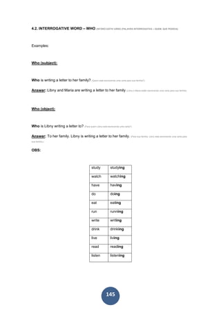 145
4.2. INTERROGATIVE WORD – WHO (INTÂRÓ-GÂTIV UÂRD) (PALAVRA INTERROGATIVA – QUEM, QUE PESSOA)
Examples:
Who (subject):
Who is writing a letter to her family? (Quem está escrevendo uma carta para sua família?)
Answer: Libny and Maria are writing a letter to her family (Libny e Maria estão escrevendo uma carta para sua família)
Who (object):
Who is Libny writing a letter to? (Para quem Libny está escrevendo uma carta?)
Answer: To her family. Libny is writing a letter to her family. (Para sua família. Libny está escrevendo uma carta para
sua família.)
OBS:
study studying
watch watching
have having
do doing
eat eating
run running
write writing
drink drinking
live living
read reading
listen listening
 
