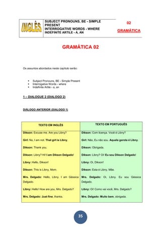 35
SUBJECT PRONOUNS, BE - SIMPLE
PRESENT
INTERROGATIVE WORDS - WHERE
INDEFINITE ARTILE - A, AN
02
GRAMÁTICA
GRAMÁTICA 02
Os assuntos abordados neste capítulo serão:
Subject Pronouns, BE - Simple Present
Interrogative Words - where
Indefinite Artile - a, an
1 – DIALOGUE 2 (DIALOGO 2)
DIÁLOGO ANTERIOR (DIALOGO 1)
TEXTO EM INGLÊS TEXTO EM PORTUGUÊS
Dikson: Excuse me. Are you Libny?
Girl: No, I am not. That girl is Libny.
Dikson: Thank you.
Dikson: Libny? Hi! I am Dikson Delgado!
Libny: Hello, Dikson!
Dikson: This is Libny, Mom.
Mrs. Delgado: Hello, Libny. I am Géssica
Delgado.
Libny: Hello! How are you, Mrs. Delgado?
Mrs. Delgado: Just fine, thanks.
Dikson: Com licença. Você é Libny?
Girl: Não, Eu não sou. Aquela garota é Libny.
Dikson: Obrigada.
Dikson: Libny? Oi! Eu sou Dikson Delgado!
Libny: Oi, Dikson!
Dikson: Esta é Libny, Mãe.
Mrs. Delgado: Oi, Libny. Eu sou Géssica
Delgado.
Libny: Oi! Como vai você, Mrs. Delgado?
Mrs. Delgado: Muito bem, obrigada.
 