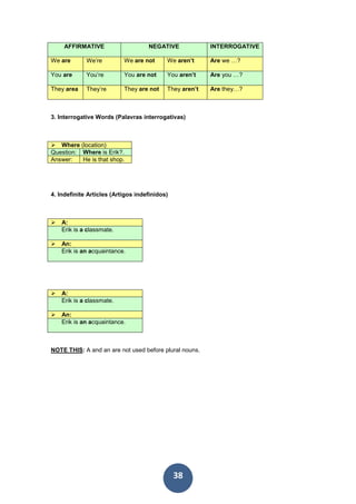38
AFFIRMATIVE NEGATIVE INTERROGATIVE
We are We’re We are not We aren’t Are we …?
You are You’re You are not You aren’t Are you …?
They area They’re They are not They aren’t Are they…?
3. Interrogative Words (Palavras interrogativas)
Where (location)
Question: Where is Erik?.
Answer: He is that shop.
4. Indefinite Articles (Artigos indefinidos)
A:
Erik is a classmate.
An:
Erik is an acquaintance.
A:
Erik is a classmate.
An:
Erik is an acquaintance.
NOTE THIS: A and an are not used before plural nouns.
 