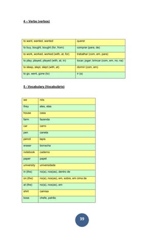 39
4 – Verbs (verbos)
to want, wanted, wanted querer
to buy, bought, bought (for, from) comprar (para, de)
to work, worked, worked (with, at, for) trabalhar (com, em, para)
to play, played, played (with, at, in) tocar; jogar; brincar (com, em, no, na)
to sleep, slept, slept (with, at) dormir (com, em)
to go, went, gone (to) ir (a)
5 - Vocabulary (Vocabulário)
we nós
they eles, elas
house casa
farm fazenda
car carro
pen caneta
pencil lapis
eraser borracha
notebook caderno
paper papel
university universidade
in (the) no(a), nos(as), dentro de
on (the) no(a), nos(as), em, sobre, em cima de
at (the) no(a), nos(as), em
shirt camisa
boss chefe, patrão
 