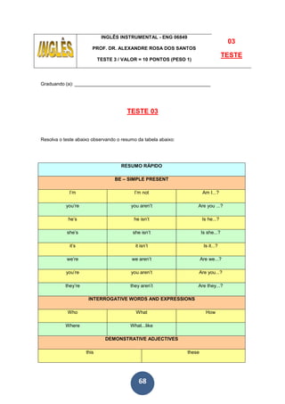 68
INGLÊS INSTRUMENTAL - ENG 06849
PROF. DR. ALEXANDRE ROSA DOS SANTOS
TESTE 3 / VALOR = 10 PONTOS (PESO 1)
03
TESTE
Graduando (a): ___________________________________________________
TESTE 03
Resolva o teste abaixo observando o resumo da tabela abaixo:
RESUMO RÁPIDO
BE – SIMPLE PRESENT
I’m I’m not Am I...?
you’re you aren’t Are you ...?
he’s he isn’t Is he...?
she’s she isn’t Is she...?
it’s it isn’t Is it...?
we’re we aren’t Are we...?
you’re you aren’t Are you...?
they’re they aren’t Are they...?
INTERROGATIVE WORDS AND EXPRESSIONS
Who What How
Where What...like
DEMONSTRATIVE ADJECTIVES
this these
 