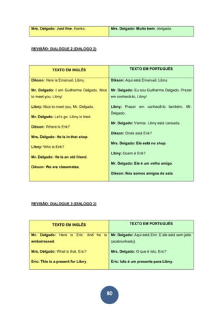 80
Mrs. Delgado: Just fine, thanks. Mrs. Delgado: Muito bem, obrigada.
REVISÃO: DIALOGUE 2 (DIALOGO 2).
TEXTO EM INGLÊS TEXTO EM PORTUGUÊS
Dikson: Here is Emanuel, Libny.
Mr. Delgado: I am Guilherme Delgado. Nice
to meet you, Libny!
Libny: Nice to meet you, Mr. Delgado.
Mr. Delgado: Let’s go. Libny is tired.
Dikson: Where is Erik?
Mrs. Delgado: He is in that shop.
Libny: Who is Erik?
Mr. Delgado: He is an old friend.
Dikson: We are classmates.
Dikson: Aqui está Emanuel, Libny.
Mr. Delgado: Eu sou Guilherme Delgado. Prazer
em conhecê-lo, Libny!
Libny: Prazer em conhecê-lo também, Mr.
Delgado.
Mr. Delgado: Vamos. Libny está cansada.
Dikson: Onde está Erik?
Mrs. Delgado: Ele está no shop.
Libny: Quem é Erik?
Mr. Delgado: Ele é um velho amigo.
Dikson: Nós somos amigos de sala.
REVISÃO: DIALOGUE 3 (DIALOGO 3).
TEXTO EM INGLÊS TEXTO EM PORTUGUÊS
Mr. Delgado: Here is Eric. And he is
embarrassed.
Mrs. Delgado: What is that, Eric?
Eric: This is a present for Libny.
Mr. Delgado: Aqui está Eric. E ele está sem jeito
(acabrunhado).
Mrs. Delgado: O que é isto, Eric?
Eric: Isto é um presente para Libny.
 