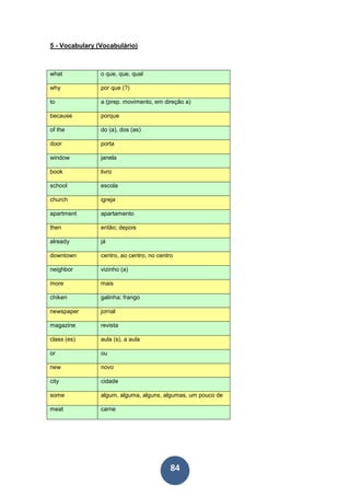 84
5 - Vocabulary (Vocabulário)
what o que, que, qual
why por que (?)
to a (prep. movimento, em direção a)
because porque
of the do (a), dos (as)
door porta
window janela
book livro
school escola
church igreja
apartment apartamento
then então; depois
already já
downtown centro, ao centro, no centro
neighbor vizinho (a)
more mais
chiken galinha; frango
newspaper jornal
magazine revista
class (es) aula (s), a aula
or ou
new novo
city cidade
some algum, alguma, alguns, algumas, um pouco de
meat carne
 
