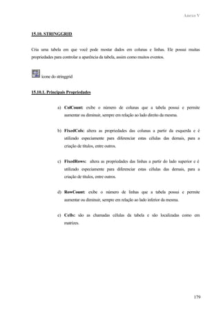Anexo V
179
15.10. STRINGGRID
Cria uma tabela em que você pode mostar dados em colunas e linhas. Ele possui muitas
propriedades para controlar a aparência da tabela, assim como muitos eventos.
ícone do stringgrid
15.10.1. Principais Propriedades
a) ColCount: exibe o número de colunas que a tabela possui e permite
aumentar ou diminuir, sempre em relação ao lado direito da mesma.
b) FixedCols: altera as propriedades das colunas a partir da esquerda e é
utilizado especiamente para diferenciar estas células das demais, para a
criação de títulos, entre outros.
c) FixedRows: altera as propriedades das linhas a partir do lado superior e é
utilizado especiamente para diferenciar estas células das demais, para a
criação de títulos, entre outros.
d) RowCount: exibe o número de linhas que a tabela possui e permite
aumentar ou diminuir, sempre em relação ao lado inferior da mesma.
e) Cells: são as chamadas células da tabela e são localizadas como em
matrizes.
 
