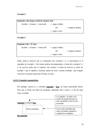 Capítulo 1
24
Exemplo 2:
Enquanto ( não chegar ao fim de semana) faça
Acordar → levantar → tomar café → pegar o ônibus
Ou → chegar ao destino
→ pegar o carro
Exemplo 3:
Enquanto ( dia < N) faça
Acordar → levantar → tomar café → pegar o ônibus
Ou → chegar ao destino
→ pegar o carro
Então, pode-se observar que as construções dos exemplos 2 e 3, representam as N
repetições do exemplo 1. Em termos práticos da programação, a forma dos exemplos 2 e
3, de escrever ações que se repetem, são corretas. A forma de escrever as ações do
exemplo 1 que se repetem é incorreta, apesar de levar o mesmo resultado, pois imagine
reescrever as mesmas ações para 365 dias, ou mais...
1.6.2.1. Comando: enquanto/faça
Em portugol, escreve-se o comando enquanto / faça, da forma apresentada abaixo.
Note que se forma um bloco de comandos, delimitado ente o início e o fim do loop.
Veja o exemplo:
enquanto (condição) faça
fim enquanto
...
lista de comandos;
...
A “condição “ se refere a um
critério de parada do loop, ou
seja, até quando o loop vai ser
executado.
Um ou mais comandos que
serão executados enquanto a
condição for verdadeira.
 
