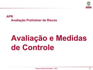 APR
Avaliação Preliminar de Riscos

Avaliação e Medidas
de Controle
Bureau Veritas Presentation _ 2013

16

 