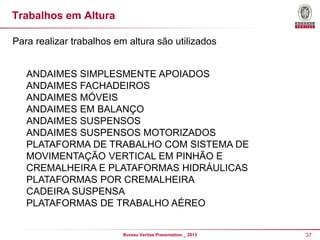 Trabalhos em Altura
Para realizar trabalhos em altura são utilizados
ANDAIMES SIMPLESMENTE APOIADOS
ANDAIMES FACHADEIROS
ANDAIMES MÓVEIS
ANDAIMES EM BALANÇO
ANDAIMES SUSPENSOS
ANDAIMES SUSPENSOS MOTORIZADOS
PLATAFORMA DE TRABALHO COM SISTEMA DE
MOVIMENTAÇÃO VERTICAL EM PINHÃO E
CREMALHEIRA E PLATAFORMAS HIDRÁULICAS
PLATAFORMAS POR CREMALHEIRA
CADEIRA SUSPENSA
PLATAFORMAS DE TRABALHO AÉREO

Bureau Veritas Presentation _ 2013

37

 