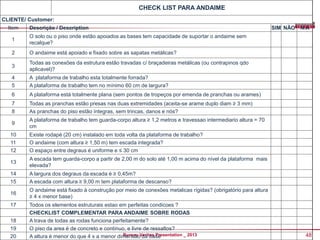 CHECK LIST PARA ANDAIME
CLIENTE/ Customer:
Item

Descrição / Description

1

O solo ou o piso onde estão apoiados as bases tem capacidade de suportar o andaime sem
recalque?

2

O andaime está apoiado e fixado sobre as sapatas metálicas?

3

Todas as conexões da estrutura estão travadas c/ braçadeiras metálicas (ou contrapinos qdo
aplicavel)?

4
5

A plataforma de trabalho esta totalmente forrada?
A plataforma de trabalho tem no mínimo 60 cm de largura?

6

A plataforma está totalmente plana (sem pontos de tropeços por emenda de pranchas ou arames)

7
8

Todas as pranchas estão presas nas duas extremidades (aceita-se arame duplo diam ≥ 3 mm)
As pranchas do piso estão íntegras, sem trincas, danos e nós?

9

A plataforma de trabalho tem guarda-corpo altura ≥ 1,2 metros e travessao intermediario altura = 70
cm

10
11
12

Existe rodapé (20 cm) instalado em toda volta da plataforma de trabalho?
O andaime (com altura ≥ 1,50 m) tem escada integrada?
O espaço entre degraus é uniforme e ≤ 30 cm

13

A escada tem guarda-corpo a partir de 2,00 m do solo até 1,00 m acima do nível da plataforma mais
elevada?

14
15

A largura dos degraus da escada é ≥ 0,45m?
A escada com altura ≥ 9,00 m tem plataforma de descanso?

16

SIM NÃO N.A

O andaime está fixado à construção por meio de conexões metalicas rígidas? (obrigatório para altura
≥ 4 x menor base)

17
18
19
20

Todos os elementos estruturais estao em perfeitas condicoes ?
CHECKLIST COMPLEMENTAR PARA ANDAIME SOBRE RODAS
A trava de todas as rodas funciona perfeitamente?
O piso da area é de concreto e contínuo, e livre de ressaltos?
Bureau da base
A altura é menor do que 4 x a menor dimensãoVeritas Presentation _ 2013

48

 
